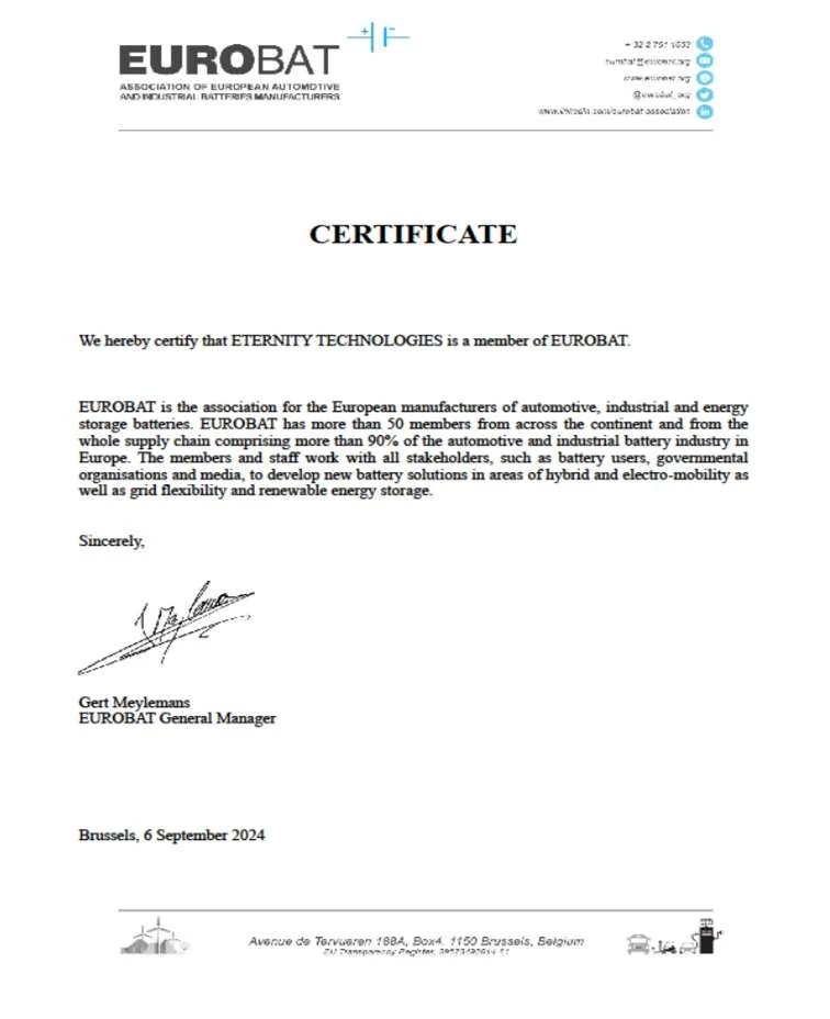 EUROBAT membership certificate for Eternity Technologies